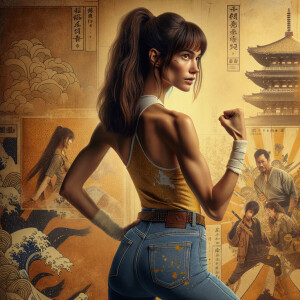 Athletic Thin skinny Attractive, Asian teenage girl, long brown hair and bangs, wearing tight skinny jeans and a halter top paint marks on her clothing, heroic pose Asian graffiti background, backside view