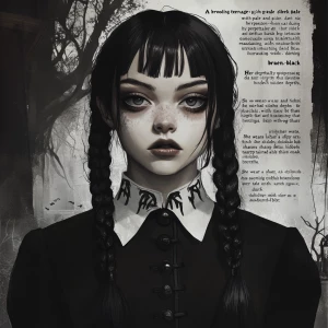 *"A brooding teenage girl with pale skin and piercing dark eyes,...
