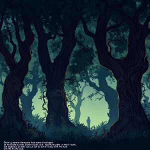 "Draw a serene forest scene at twilight, but with a twist: the t...