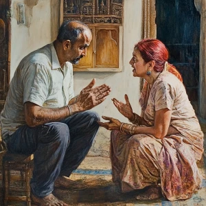 Realistic art 1:1, a muscular, perspiring man proposing marriage...