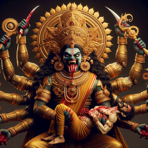 portrait of angry looking, four-armed indian goddess sitting on...