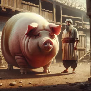 Hyperrealistic photograph of An old farm, heavy farmer standing...