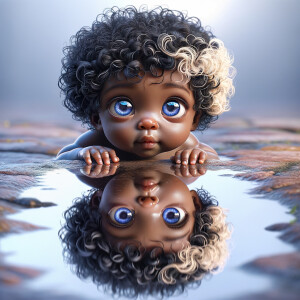 A curious cute african-American, baby with huge blue eyes and cu...
