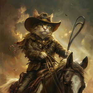 A cat with a cowboy hat on a head riding a horse