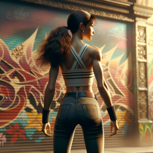 Athletic Thin skinny Attractive, Asian teenage girl, long brown hair and bangs, wearing tight skinny jeans and a halter top paint marks on her clothing, heroic pose Asian graffiti background,  backside view