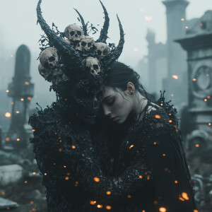 A sinister devil figure with piercing horns and a crown of skull...