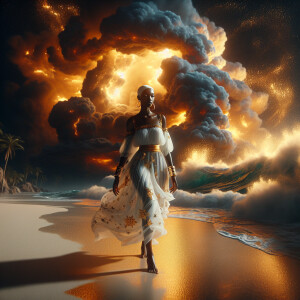 3D image of a beautiful night at the beach. There are elements i...