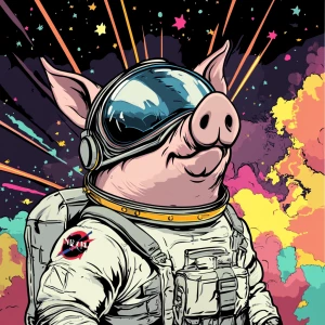 Cute cartoon pig in vintage white spacesuit and NASA style helme...