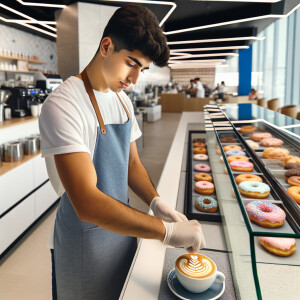 A 21-year-old barista in a white t-shirt and blue apron adds the...
