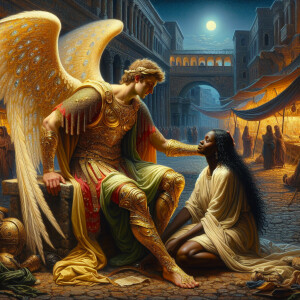 Create an oil painting image featuring a male angel and a grievi...