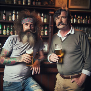 Charles Manson and Ron Jeremy in a bar together drinking a beer