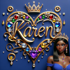 Craft a 3-D image showcasing the name 'KAREN' in a luxurious gol...