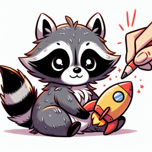 Can you create a cute raccoon holding a toy rocket ship