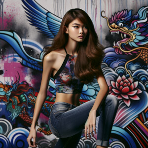 Very thin Athletic Thin skinny Attractive, Asian teenage girl, long brown hair and bangs, wearing tight skinny jeans and a halter top paint marks on her clothing, sitting side view heroic pose Asian graffiti