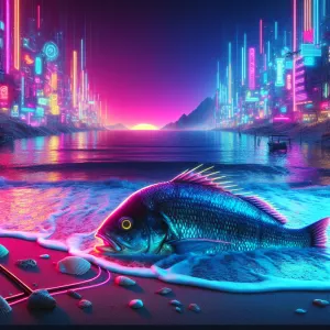 A realistic picture of a fish on the beach next to the sea