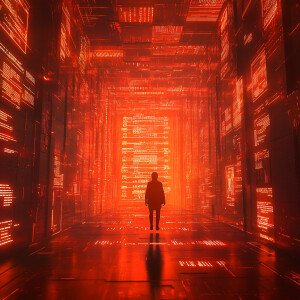 The image depicts a person walking through a futuristic, high-te...