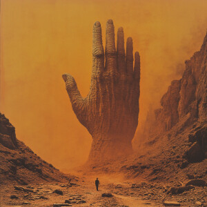 The image depicts a surreal and striking scene with an orange ha...