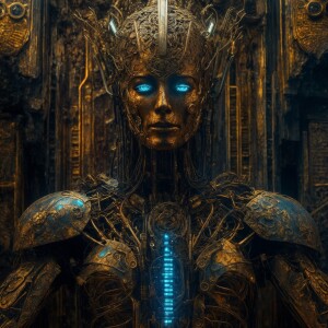 A digitally enhanced draugr, exuding a futuristic aura amidst an...