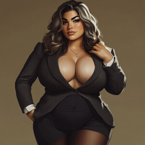 Craft an image of a sophisticated, medium sized curvy woman with...