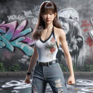 Athletic Thin skinny Attractive, Asian teenage girl, long brown hair and bangs, wearing tight skinny jeans and a halter top paint marks on her clothing, heroic pose Asian graffiti background