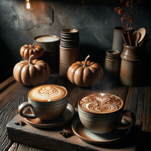 Pumpkin spice coffees with a cool design on top of the coffees.