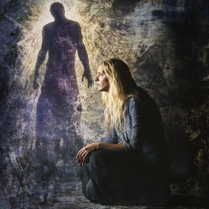 Create a cinematic image featuring a petite blonde woman crouche...