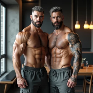 Create an image of two muscular men with imposing statures, deta...