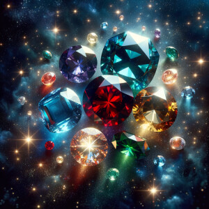 Birthstones floating in outer space sparkling like stars in the...