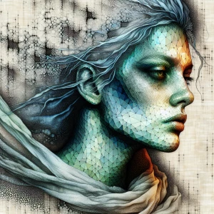 Dreamy woman full face portrait, exaggerated neck, stark green g...