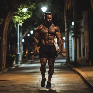 Muscle bodybuilder dark hair beard hairy chest leather shorts bl...