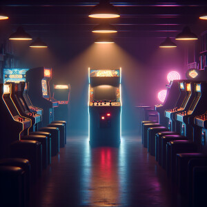 Create an image of a dimly lit arcade with a prominent, brightly...