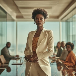 A powerful Black woman standing at the head of a modern, glass-w...