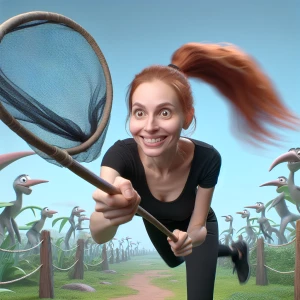 Ginger haired ponytail  woman in black facing camera  flying thr...