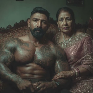 Realism, photo painting.a muscular beefy sweaty tattoed indian m...