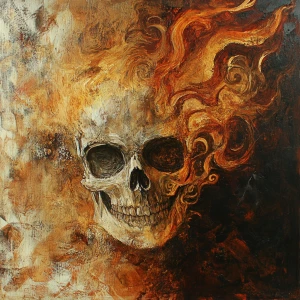 A  skull face emerging from a flame, half alive and half burning...