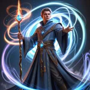 Create an image of an attractive male wizard wearing an elaborat...