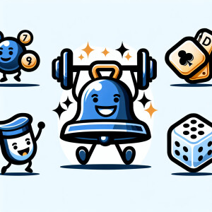 Cartoon bell lifting weights with dice or cards