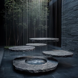 Creates an image of a gravity-defying fountain composed of separ...