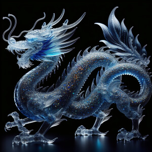 elegant blue dragon made of transparent glass glittercore