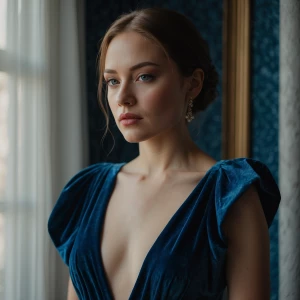 Describe a woman wearing a luxurious blue velvet dress, capturin...