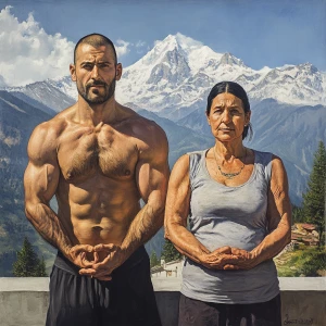 Realistic painting 1:1,A muscular beefy sweaty  man and his 50-y...