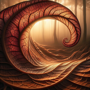 Prompt: Ground level view through the curl of a brown leaf, Clos...