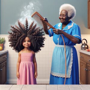 Create a realistic 3-D image of an african-American grandmother wearing a blue house dress. She is in the kitchen with her african-American granddaughter. Her granddaughter is wearing a pink dress The grandmother has a hot comb in her hand and she is straightening her granddaughters hair. One side of her granddaughters hair is in  a Afro the other straight 
There is smoke coming from the hot comb