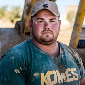 Brian Nobles a real 28 year old Caucasian male who is using  a concrete mixer, he is a  pump operator holding the hose which carries the liquid concrete to the foundation pour, Brian is slowly  beginning his transition into adult maturity , Brian Nobles is beginning to look like a grown man, he has large reflective brown eyes and a wrinkled brow,Brian is now balding , prominent large protruding round fat obese belly,,thick goatee beard, healthy muscle mass ,very noticeable male pattern balding hairline, Brian Nobles now has a  prominent receding and thinning male hairline (onset male pattern baldness), slightly fat overweight(Caucasian)wearing tight body conforming  glossy satin shiny green and gold tight fitting body conforming UnderArmour athletic bodysuit,emblazoned with the "KD HOMES" real estate logo, standing confidently in front of a newly completed constructed new KD HOME in Victorville California in a raw desert landscape. Brian has a protruding fat obese muscular physique, large male bulge, fat obese muscular frame , shows a substantial frame with a noticeable mature hairline and expressive eyes. His workman’s  pose should reflect his experience in his trade.