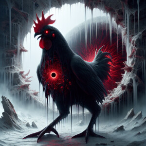 Generate an image of a humanoid chicken with a shadow-like, ethe...