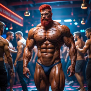A hyper-realistic depiction of a muscular, mature bodybuilder ma...