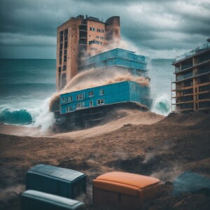 a multi-storey building that is falling, and inside it there is...