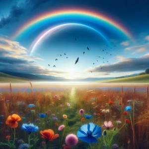 Beautiful heavenly scene of open field and blue sky with a few f...