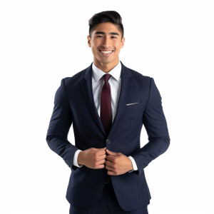 A man wearing a suit.
The Suit Color is navy blue
The Tie Colo...