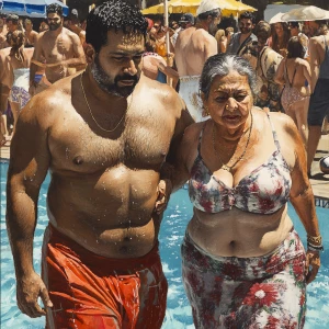 Realistic art 1:1 ,a pool party new york summer resort,a muscula...